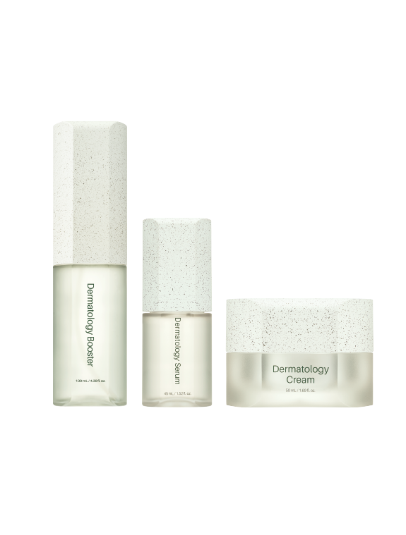 RIMAN BooSeBoo Essential Bundle — Dermatology Booster, Serum and Cream in speckled white packaging