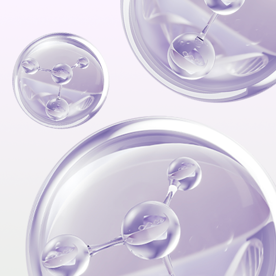 Abstract visualization of collagen molecules suspended in liquid spheres, illustrating the mask's molecular-level formula