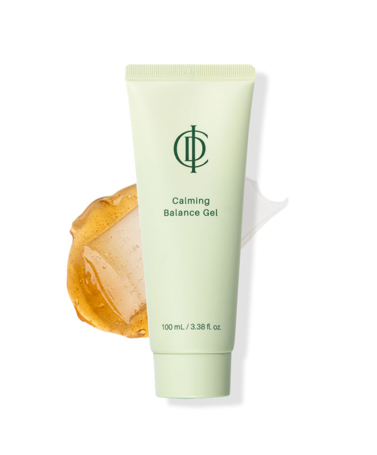 ICD Calming Balance Gel — pale green tube beside a swipe of golden gel texture on a white background