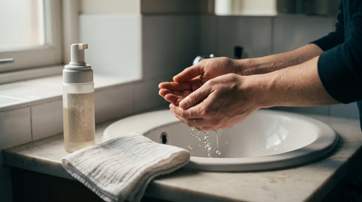 A close-up of two hands cupping water at a white sink, with a soft foam cleanser bottle and a clean muslin cloth resting on t