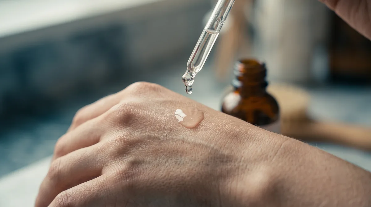 A single drop of clear essence falling from a glass dropper onto the back of a hand, with a small amber bottle out of focus b