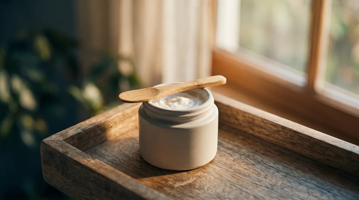 A small ceramic jar of white cream open on a wooden tray, with a bamboo spatula resting across the rim and morning light hitt