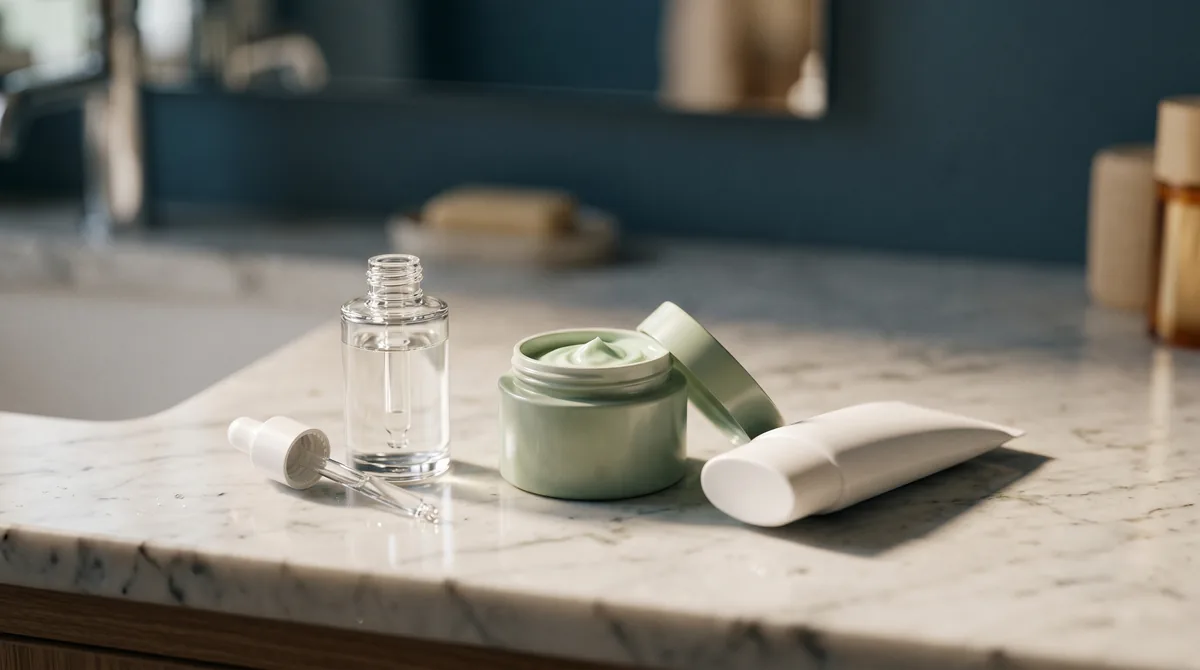 A clean bathroom counter with three open Korean skincare products lined up — a clear cica ampoule bottle, a soft-green cream 
