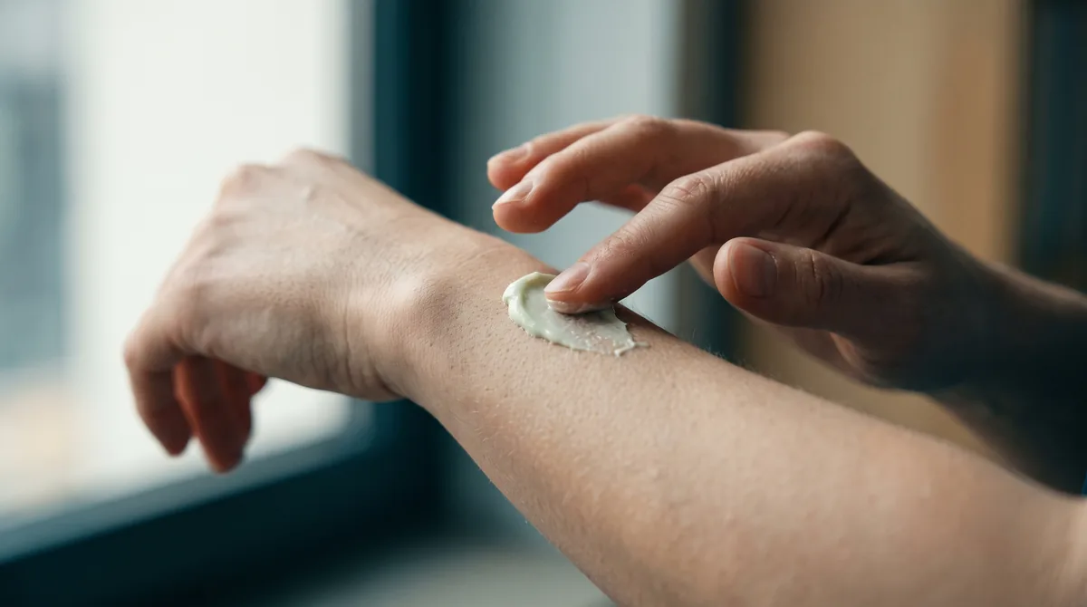A close-up of a hand gently patting a small amount of pale-green cica cream onto a bare forearm, showing the natural texture 