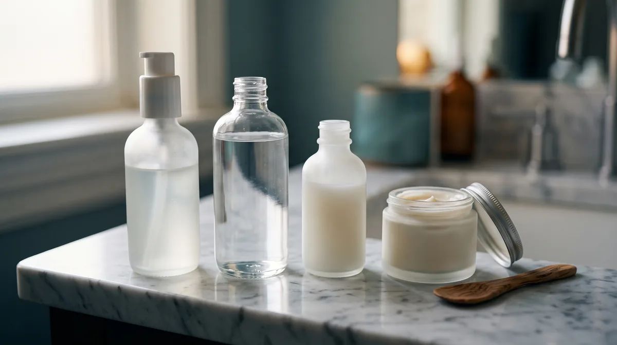 Four skincare products lined up on a marble counter — a low-pH cleanser, a watery toner, a milky essence, and a cushiony crea