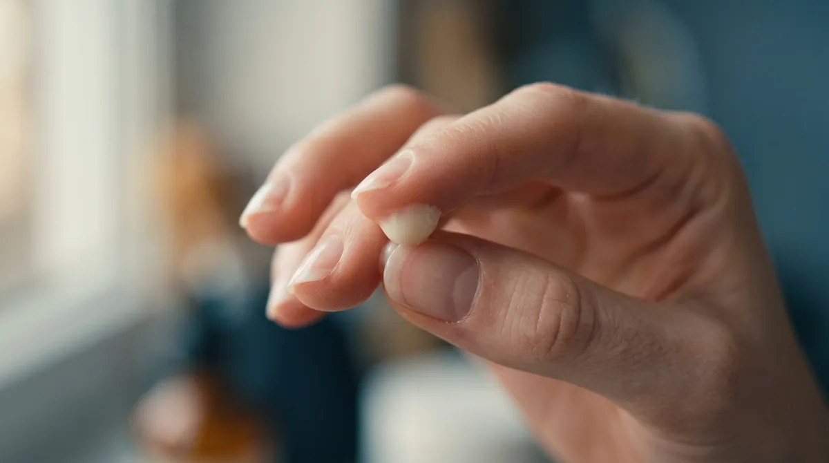 A close-up of a hand pressing a small amount of cream between two fingertips, texture soft and slightly glossy, natural windo