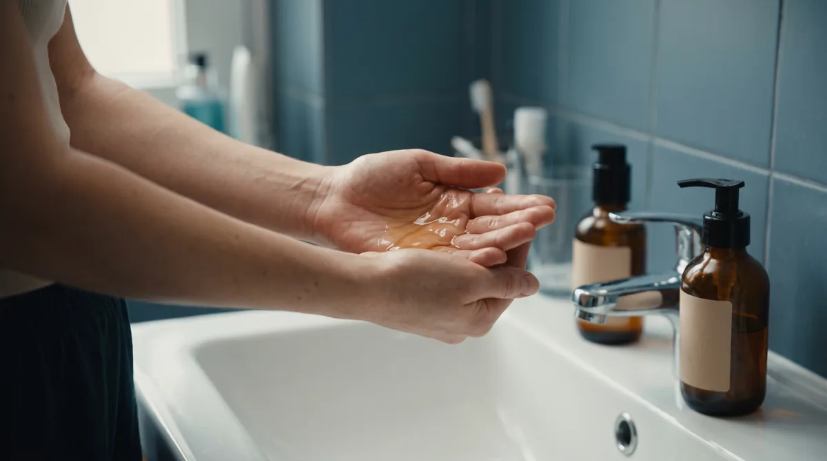 A pair of hands warming a clear amber oil cleanser between the palms above a white porcelain sink, with a small pump bottle b