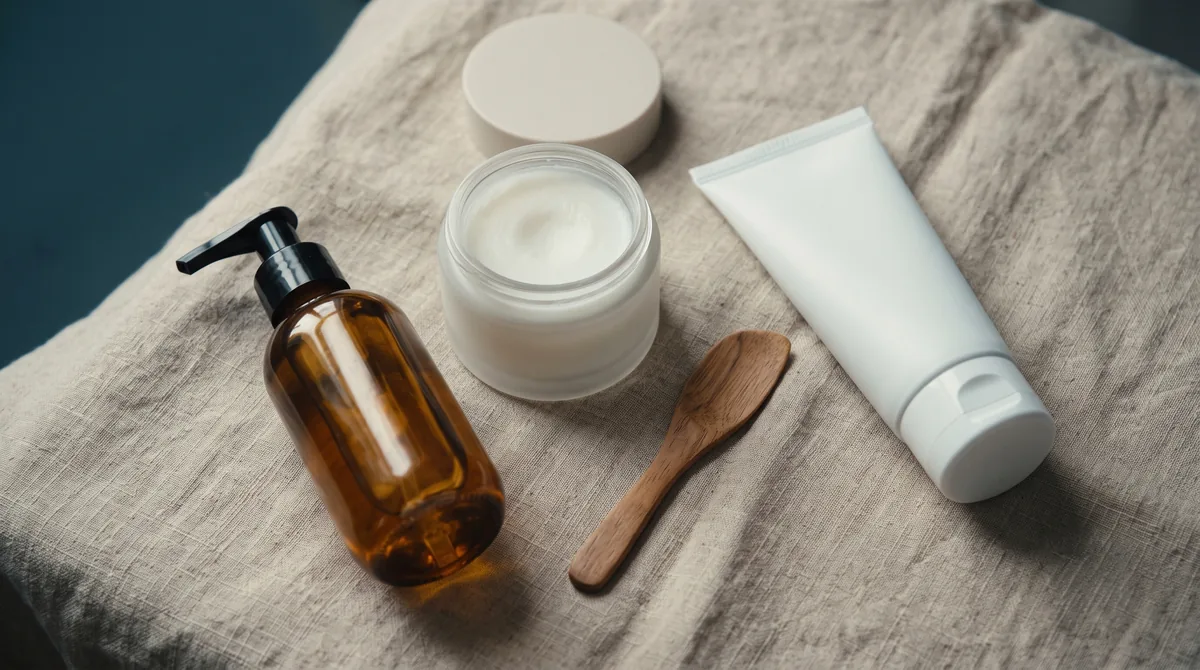 A flat-lay on a linen cloth showing three cleansers — a cleansing balm in a frosted jar, a pump-bottle oil, and a tube of low