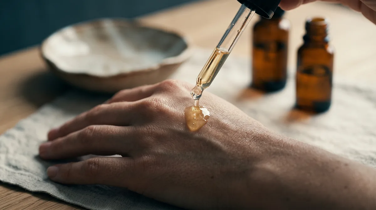 Close-up macro of a single dropper releasing a clear golden serum onto the back of a hand, with a ceramic dish and two glass 