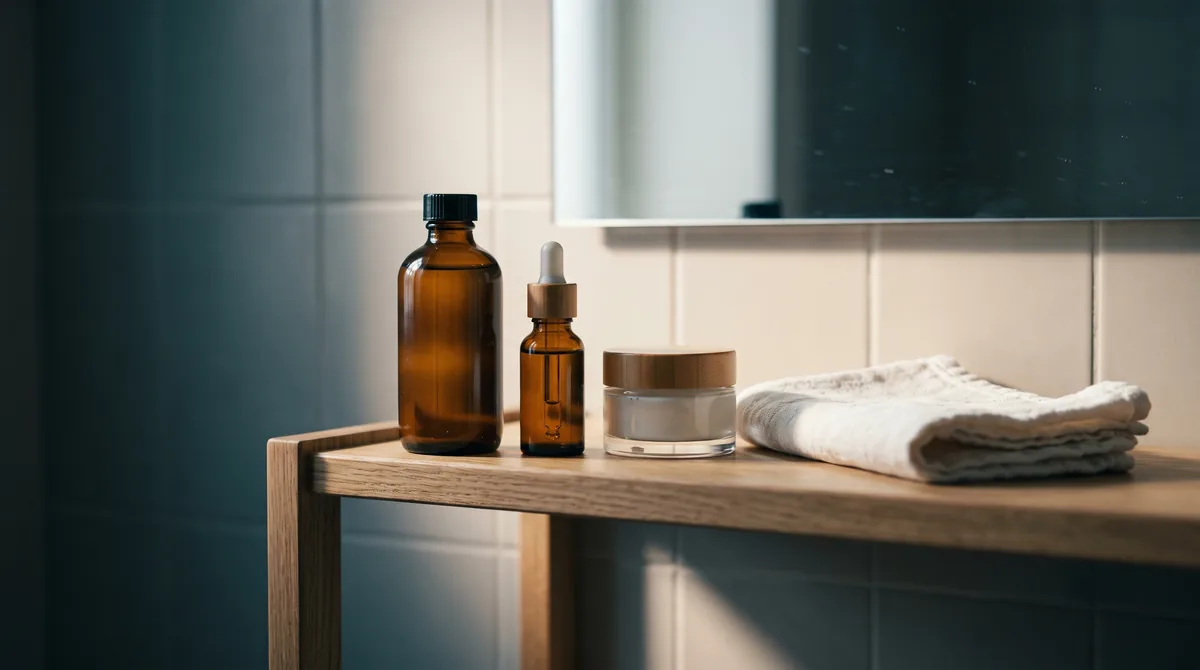 A small bathroom shelf holding just three products — a toner bottle, one serum, and a moisturizer jar — next to a folded whit