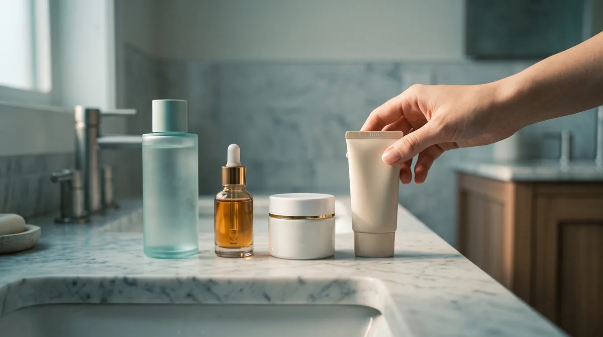 A bathroom counter with a toner, essence, moisturizer, and sunscreen lined up left to right, a hand reaching for the sunscree