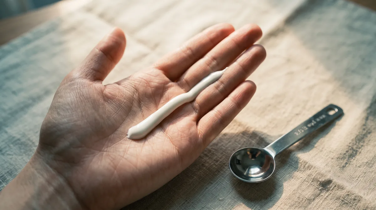 A close-up of a palm with a line of white sunscreen the length of the index and middle finger, next to a quarter-teaspoon mea