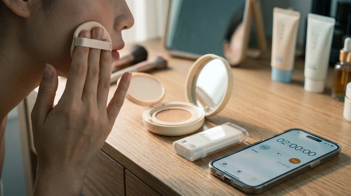 A vanity scene with a compact cushion SPF open, a small sponge tapped onto a cheek, and a stick sunscreen laid beside a phone