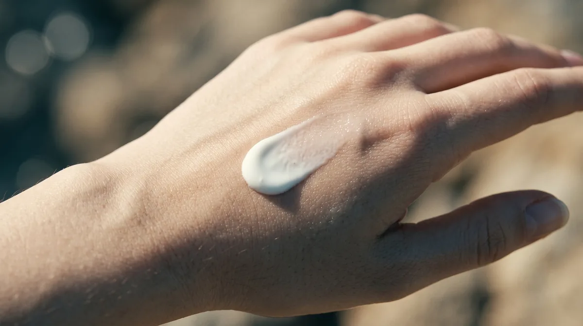 Close-up macro of a pea-sized dot of milky white sunscreen on the back of a hand, half-blended into the skin so you can see t