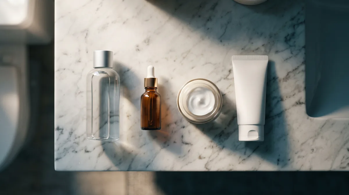 Flat lay of a morning skincare routine on a marble countertop: toner bottle, small essence, moisturizer jar, and a sunscreen