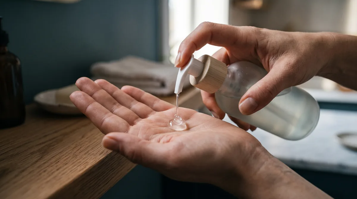 A close-up of a clear gel cleanser dispensed onto an open palm, the texture catching light like liquid glass, with a small pH