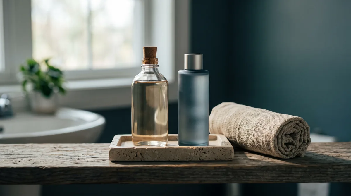 A flat-lay of a Korean gel cleanser bottle beside a small ceramic dish holding a swatch of clear gel, next to a sprig of gree