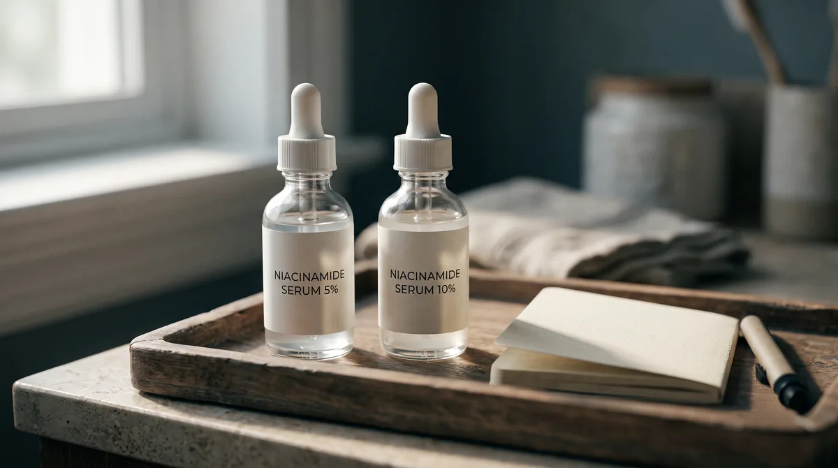 A close-up of two serum bottles side by side on a wooden tray, one labeled 5% and one 10%, with a small notebook and pen for