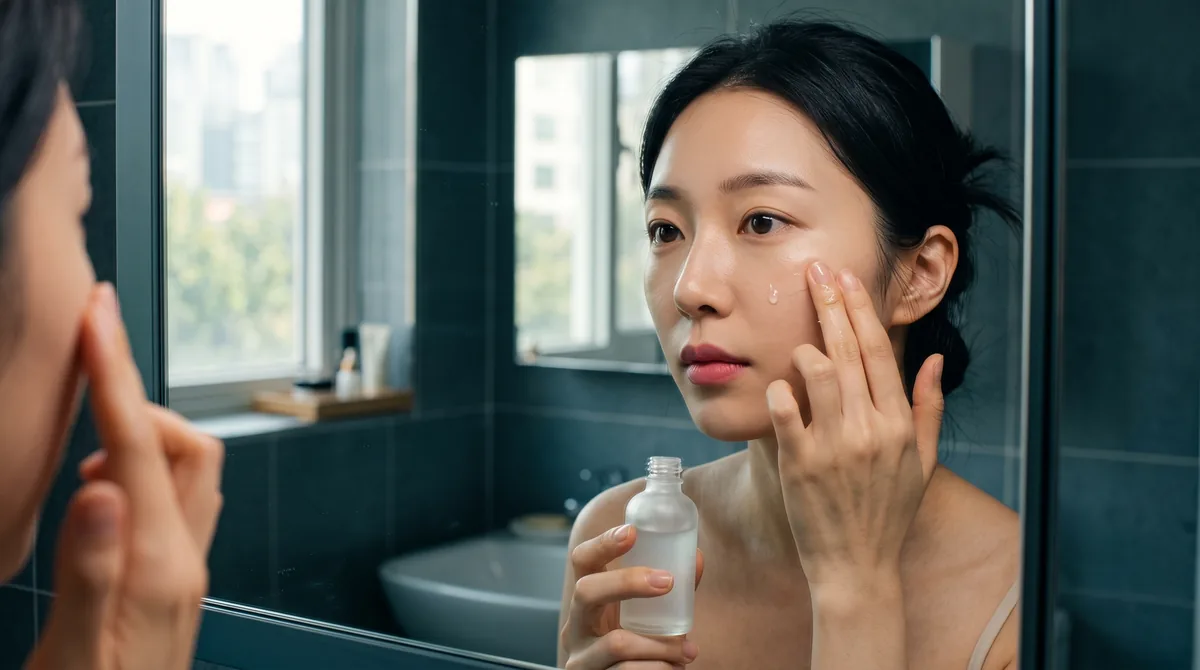 Hands pressing a few drops of clear serum into a cheek in front of a bathroom mirror, natural morning light, no text on the b