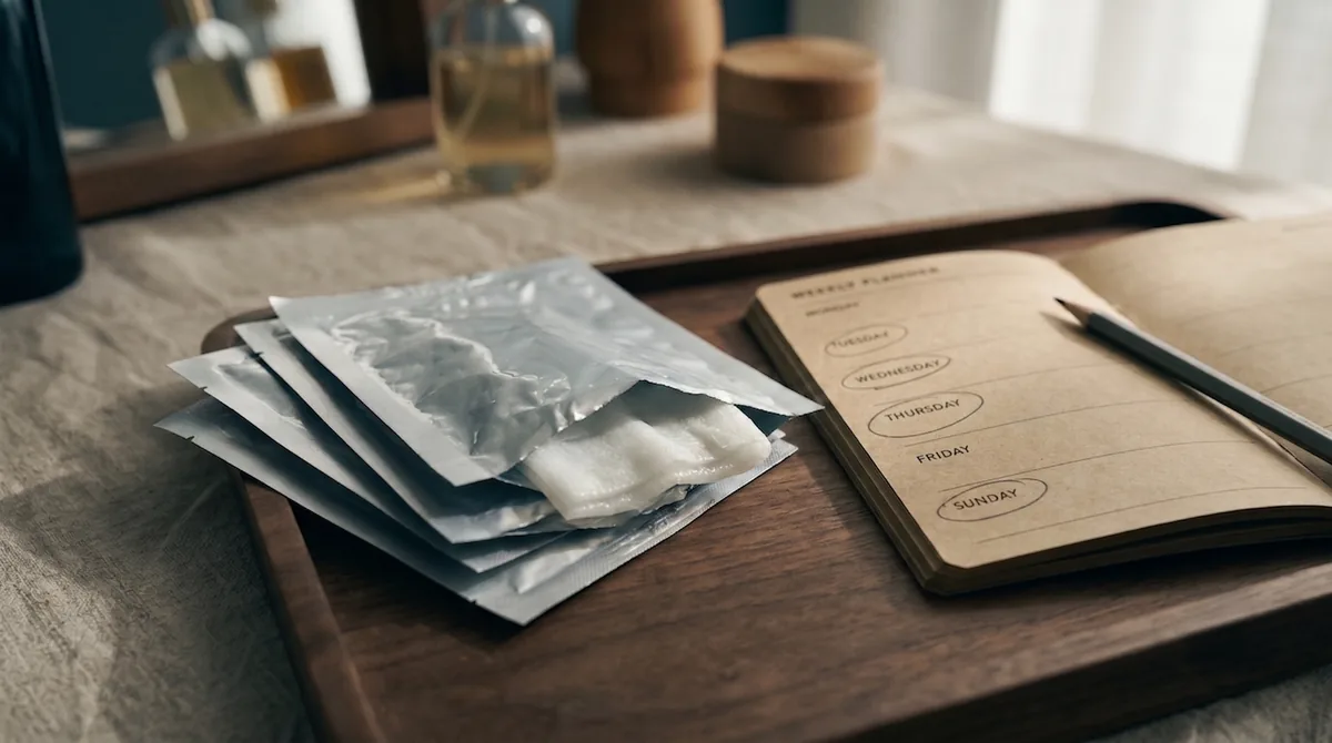 A small stack of three folded foil sachets on a wooden tray next to a paper weekly planner with three days circled in pencil.