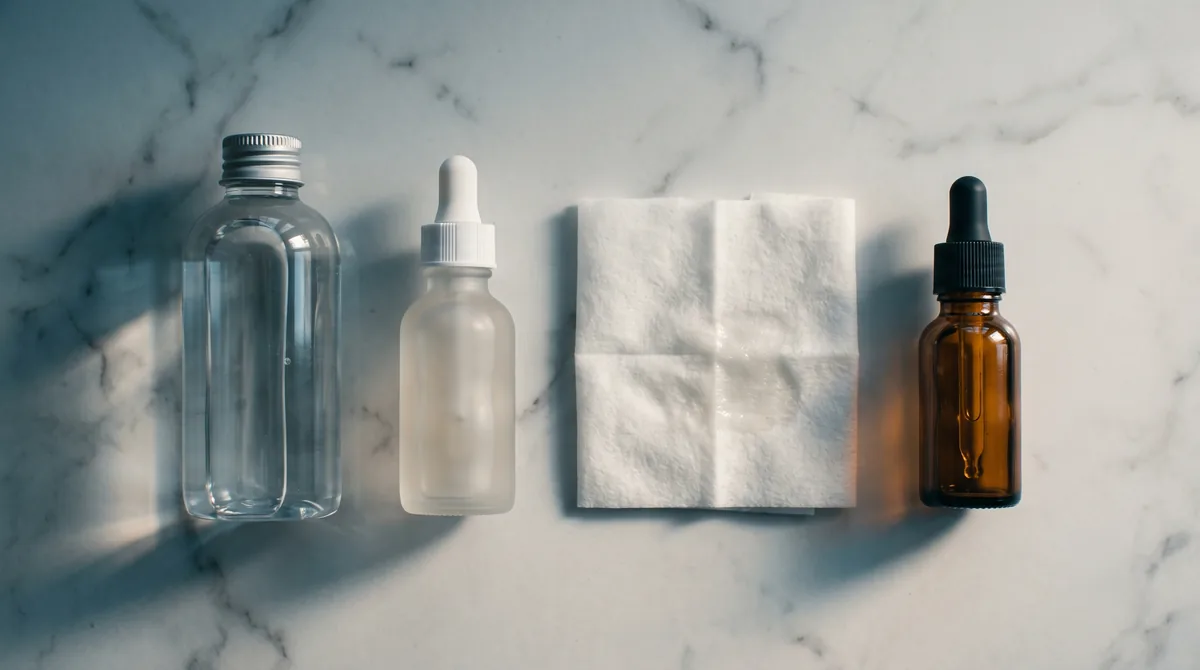 A flat-lay of a toner bottle, essence bottle, folded sheet mask, and a small serum dropper arranged left-to-right on a marble