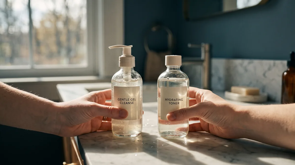 A close-up of two hands holding a gentle gel cleanser and a hydrating toner bottle side by side on a white marble counter, wa