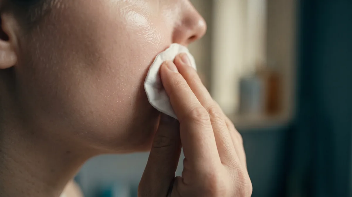 A close-up of a hand holding a small cotton pad against a cheek in soft daylight, showing subtle dry patches and a slight flu