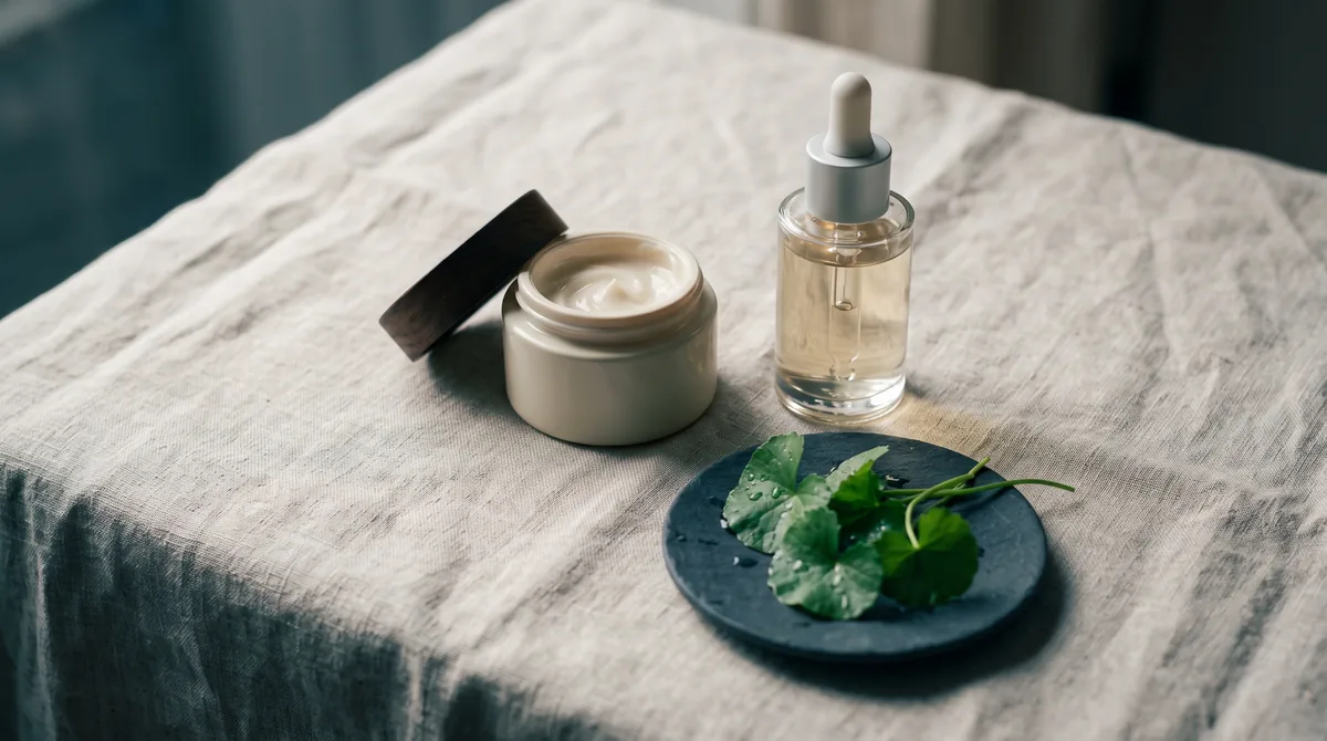 A minimalist flatlay on pale linen with a ceramide cream, a panthenol essence bottle, and a small dish of green Centella leav