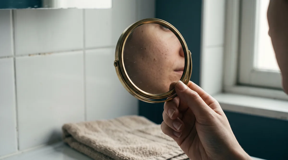 A hand holding a small mirror up to a cheek in soft daylight, with a plain white tile background and a folded towel on the co