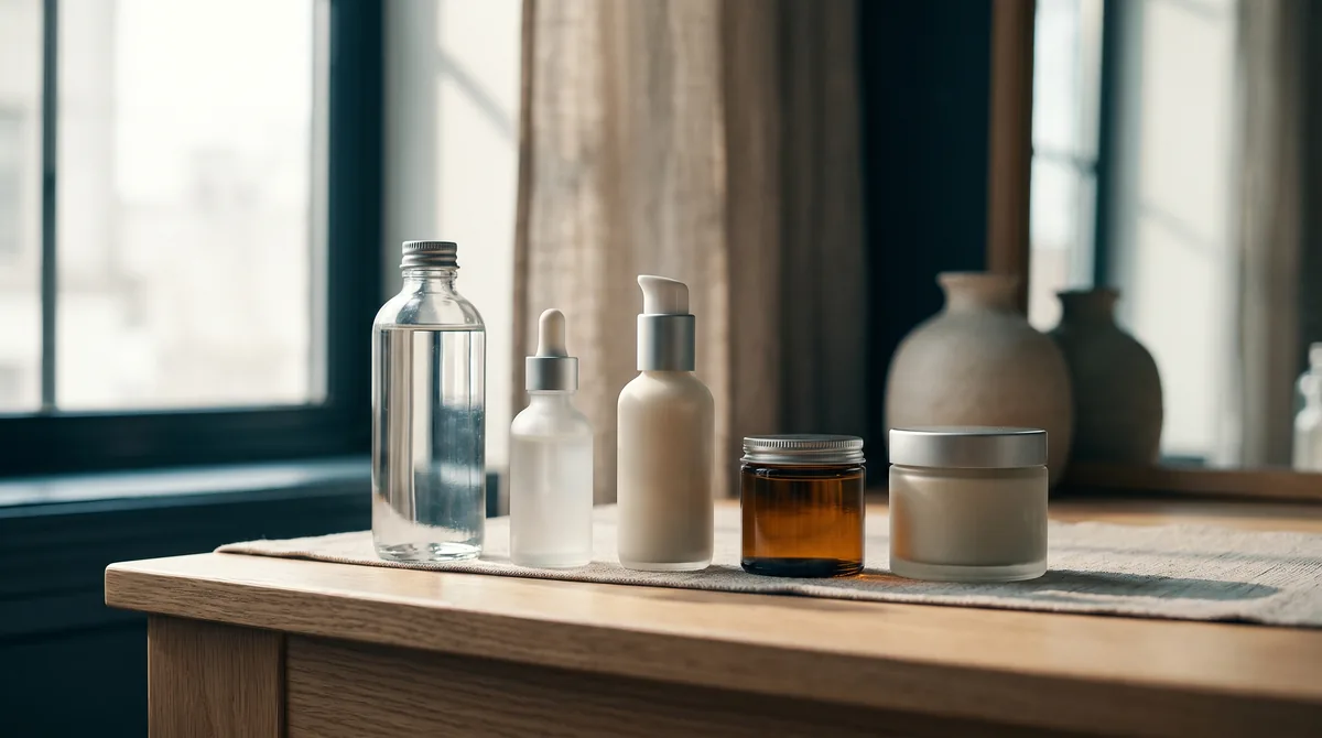 Close-up of a hand holding a dropper of clear essence over the back of the other hand, a jar of cream and a folded cotton tow