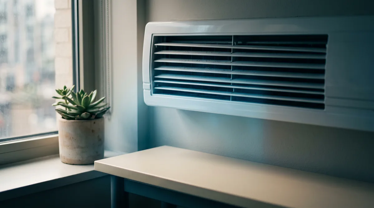 A close-up of a wall-mounted air conditioner vent above an office desk, cool light, a small potted plant on the sill.