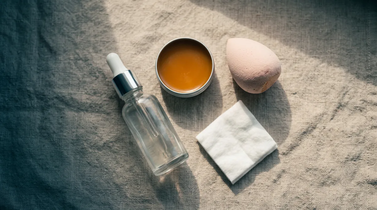 Flat-lay on a linen surface: a dropper serum bottle, a small tin of balm, a soft makeup sponge, and a folded cotton pad.