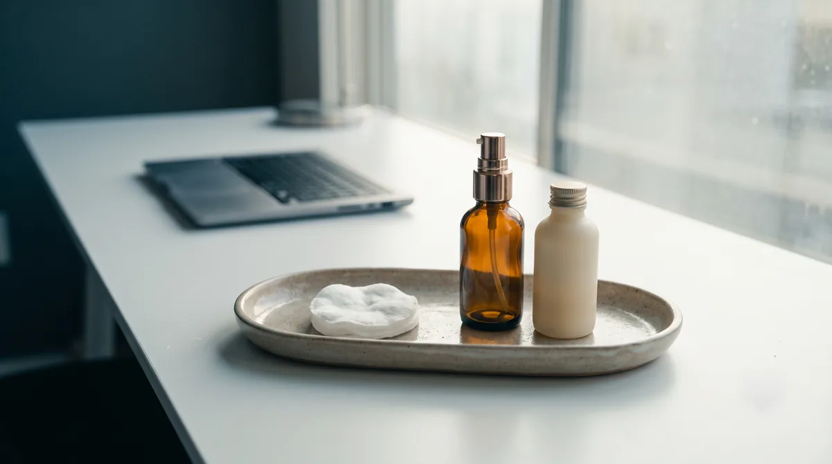 A ceramic dish holds a single cotton pad next to two closed serum bottles, morning light, no labels visible.