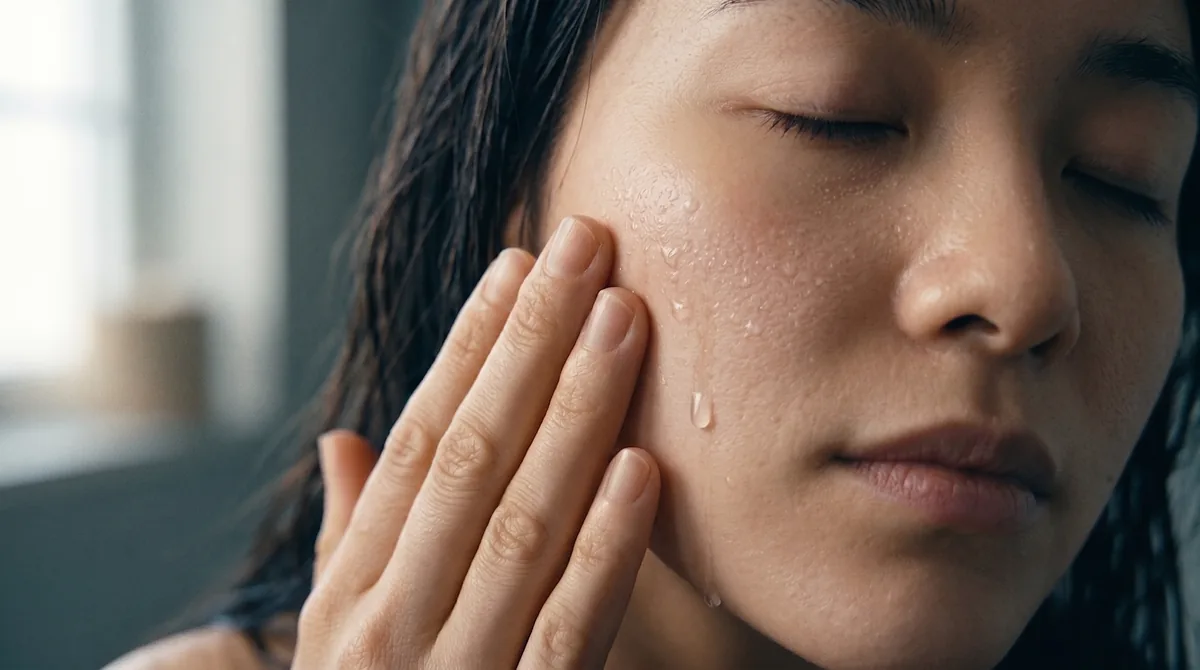 A macro close-up of a hand pressing a hydrating toner onto a damp cheek, tiny water droplets still visible on the skin, soft