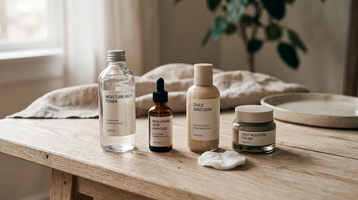 A flat-lay of four Korean skincare bottles arranged in routine order on a pale wood surface, a small cotton pad beside them.
