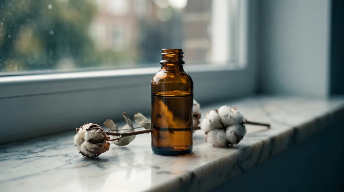 A single amber glass serum bottle on a marble ledge next to a sprig of dried cotton, natural window light.