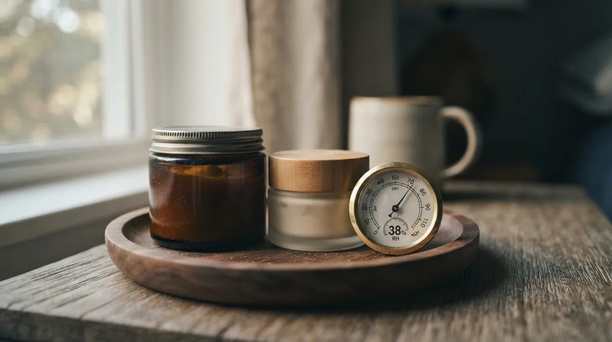 A close-up of two moisturizer jars on a wooden tray beside a small hygrometer showing a dropping humidity number, morning lig