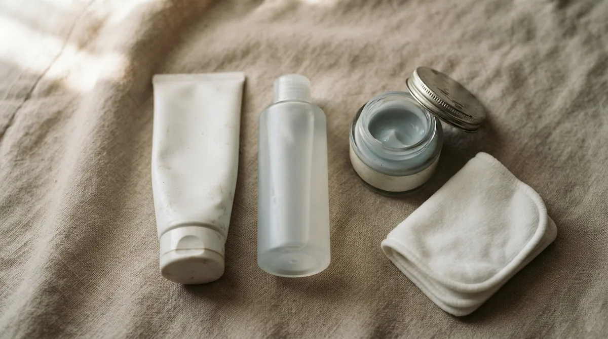 Overhead flat lay of a simple three-step routine — a cream cleanser tube, a milky toner, and a ceramide moisturizer — arrange