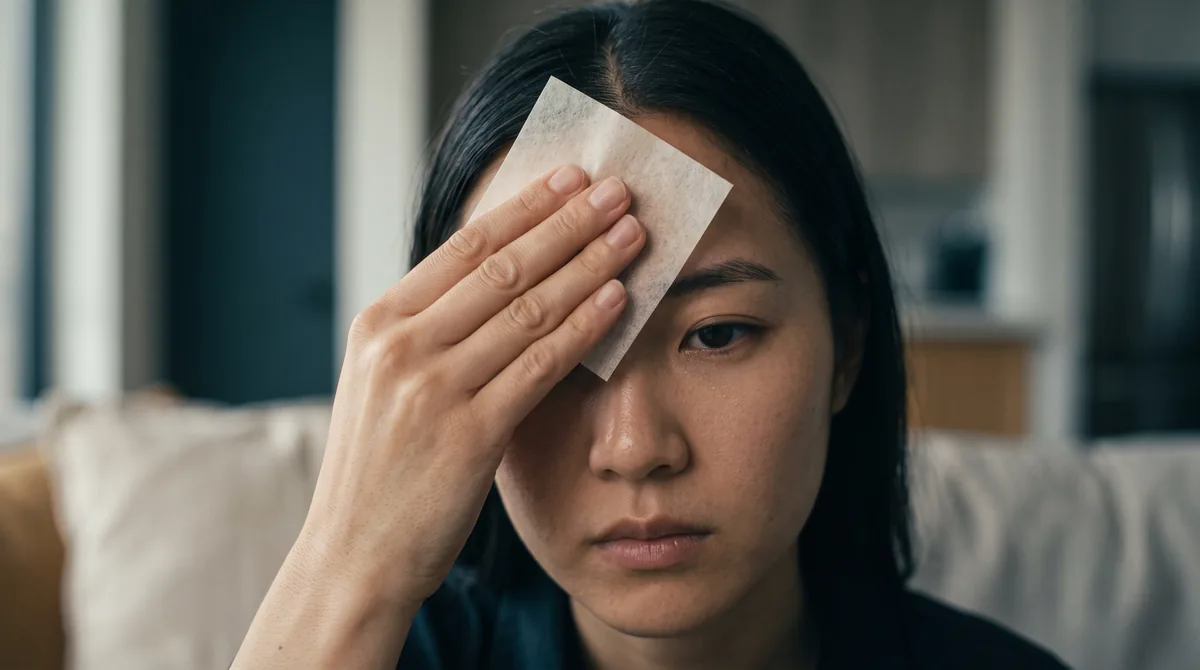 A close-up of a hand pressing a single square of blotting paper against a forehead, natural window light, no makeup filter.