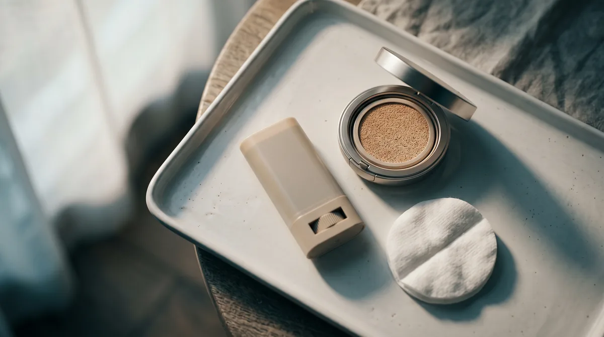 A slim sun stick, a compact cushion, and a folded cotton pad laid on a plain white ceramic tray, top-down, daylight.