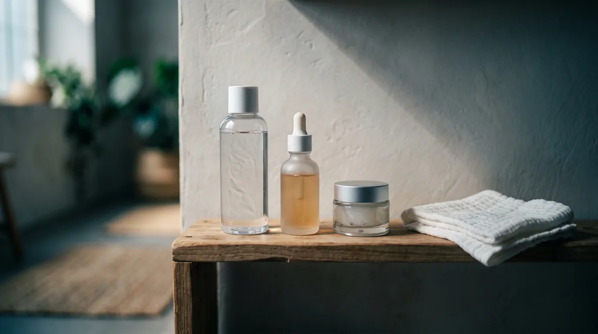 A small shelf with three unlabeled Korean skincare bottles — a clear toner, a lightweight serum, and a gel moisturizer — besi