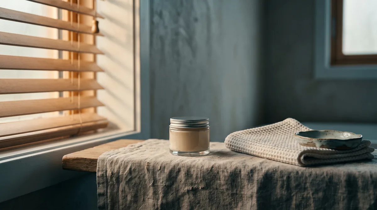 A close-up of a bathroom counter with a mineral sunscreen tube, a hydrating toner bottle, and a folded muslin cloth arranged