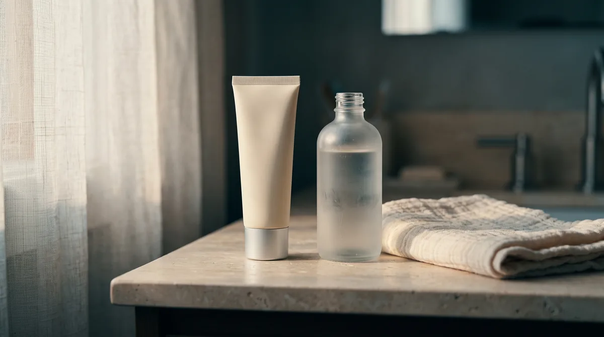 A hand mirror lying face-up on a white bedside table next to a small notebook with handwritten dates and a glass of water, so