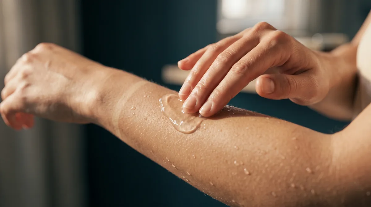 A close-up of a hand pressing a clear, watery gel into a forearm with a faint tan line, small water beads on the skin, natura