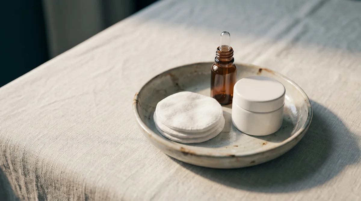 A neatly arranged flat lay of a ceramic dish holding cotton pads, a small unbranded dropper bottle, and a white ceramic jar,