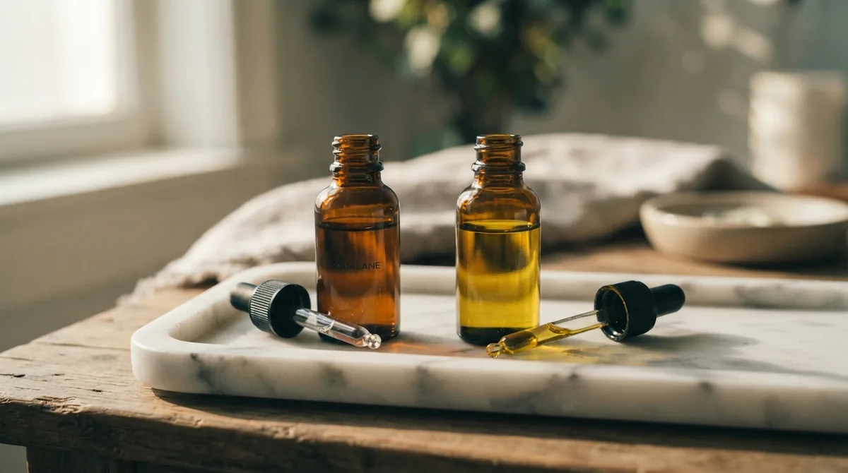 A close-up of two open dropper bottles side by side on a marble tray, one labeled "squalane" in small type, the other a golde
