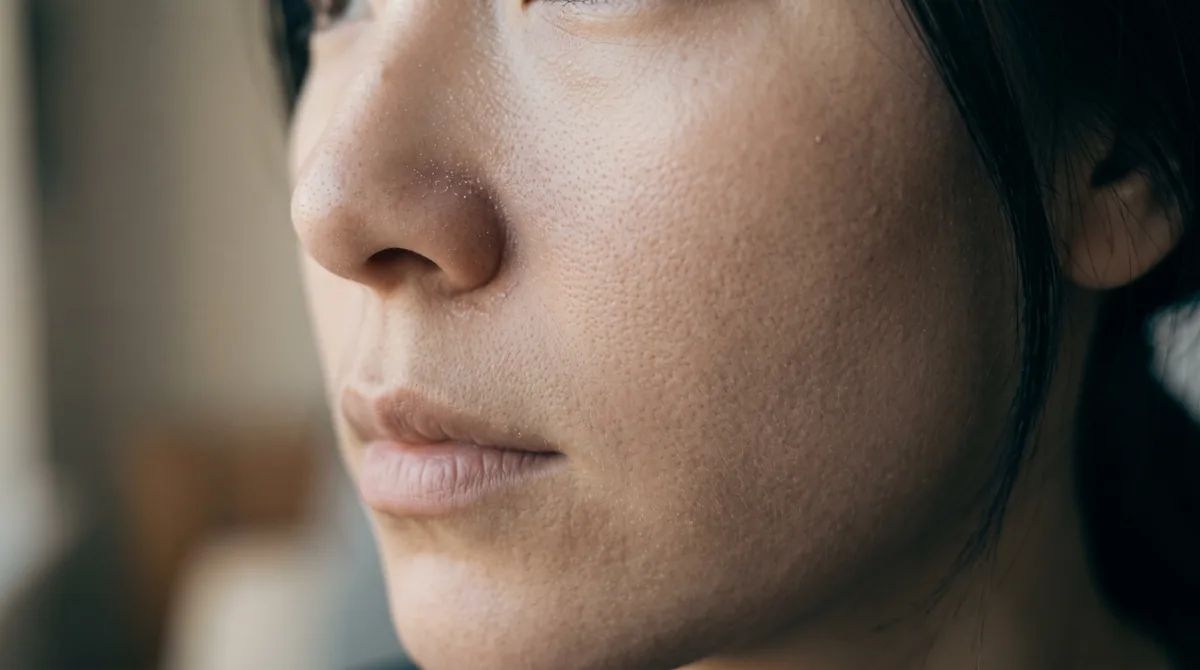 A close-up of a person's cheek in natural window light, showing faint dry patches around the nose and a matte, slightly rough