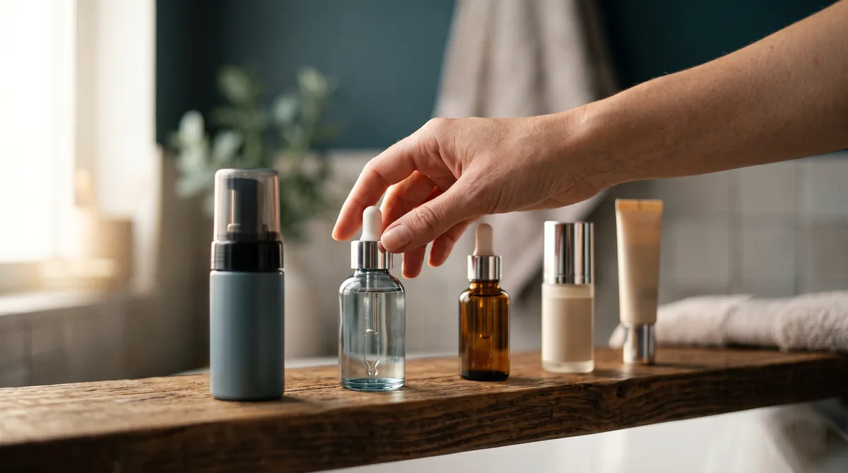 Five small skincare bottles lined up on a wooden shelf in order of use, morning light from the left, a hand reaching for the