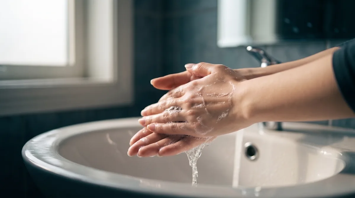 A close-up of hands lathering a small amount of clear gel cleanser under running water at a white ceramic sink, with soft mor