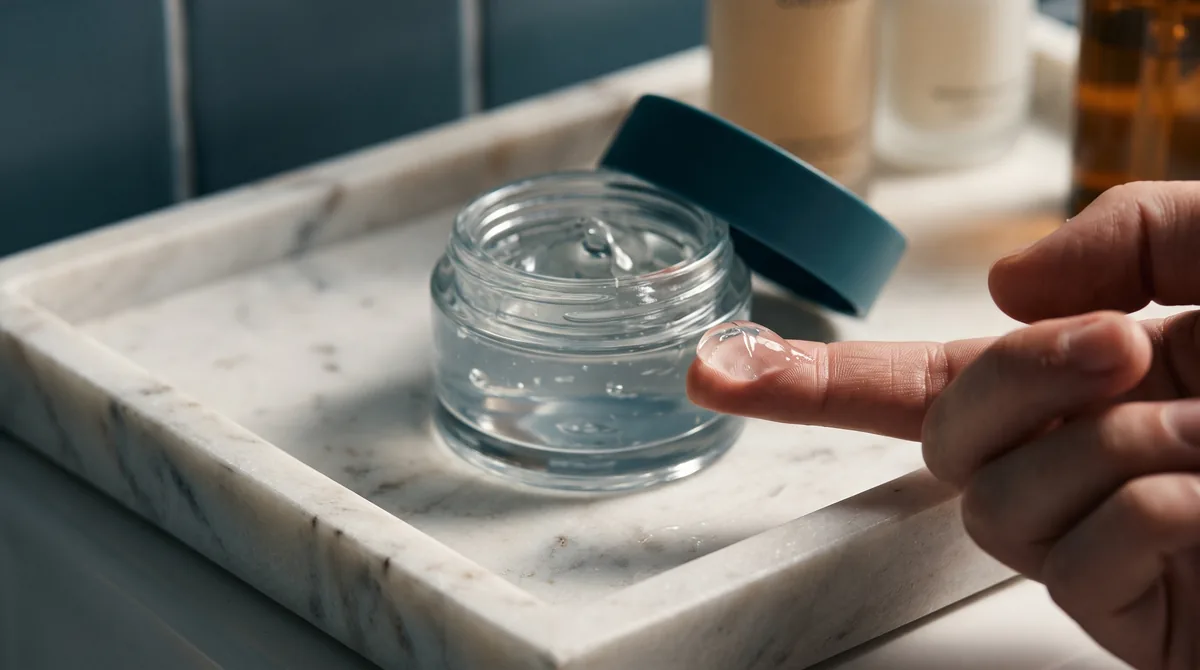 A jar of clear, jelly-like moisturizer on a marble tray, with a small dollop of the gel scooped out onto a fingertip, showing